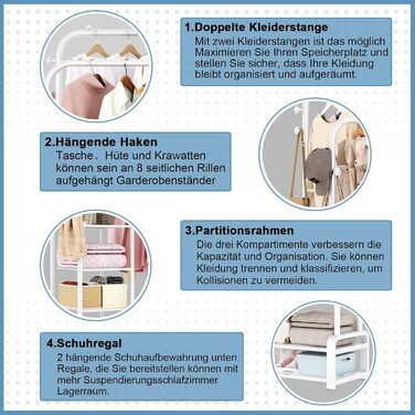 SMILOVII багатофункціональна підлогова вішалка для одягу з подвійною штангою, 8 гачками, 3 боковими полицями та 2 рівнями для взуття, для спальні, біла
