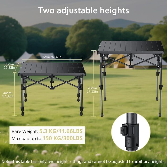 Складний алюмінієвий стіл для кемпінгу Anbte 67x58 см, регульована висота (44/70 см), вантажопідйомність до 150 кг, з сумкою для зберігання