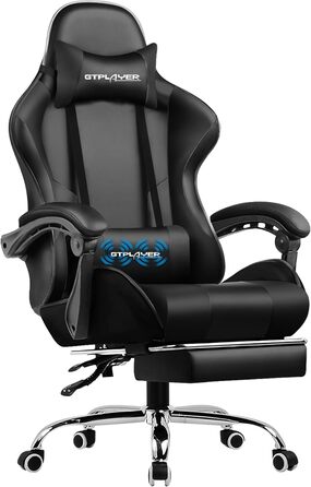 GTPLAYER Ергономічне ігрове крісло з масажем, підставкою для ніг, шкіряна оббивка, регульована підголівник і масажна подушка для попереку, чорне офісне крісло для геймерів
