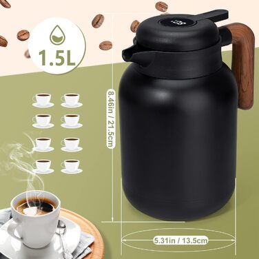 VETIN Thermos Flask with Tea Strainer 1.5L, Double-Walled 304 Stainless Steel Insulated Flask, Tea Pot Thermo with Temperature Indicator, Coffee Pot Thermo 10h Heat/16h Cold
