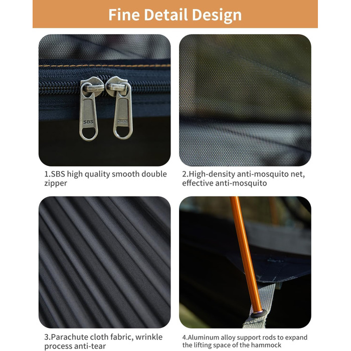 Гамак-намет для кемпінгу з москітною сіткою та сонцезахистом, 290x140 см, великий простір, легкий, з ременями для кріплення до дерева, підлоговий намет для відпочинку на природі, пікніків, походів, зелений (помаранчевий)
