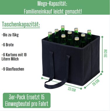 23.5 Liter Large Shopping Bag Foldable, Folding Boxes with Reinforced Bottom, Reusable Shopping Bags, Holds Up To 15 kg Shopping Bag (Black, 3-Pack)