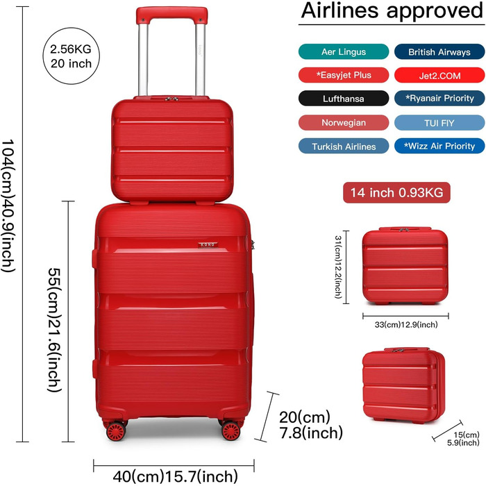 Валіза на 4 колесах, міцна та легка, з TSA-замком та YKK-блискавкою, тихі колеса, ручна поклажа з косметичною сумкою (Червоний)