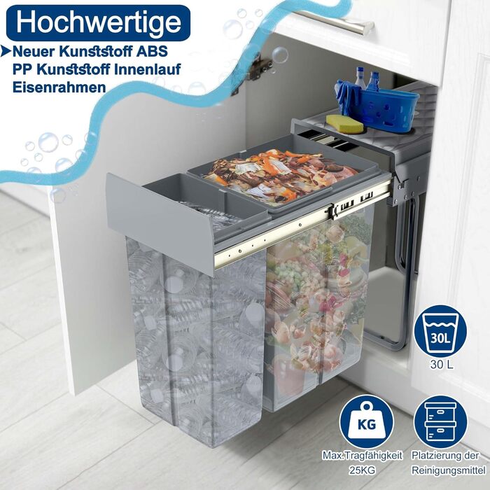 Вбудований контейнер для сміття HENGMEI з висувними ящиками для сортування, сірий (1x20L + 2x10L)