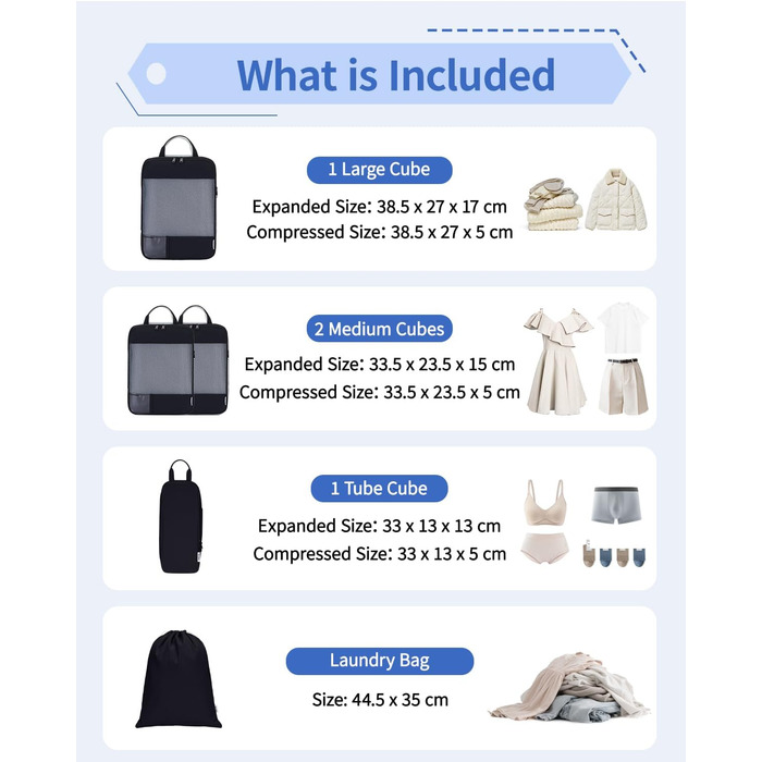 Набір для організації багажу Narwey (5 шт.) - компресійні куби для подорожей, чорний