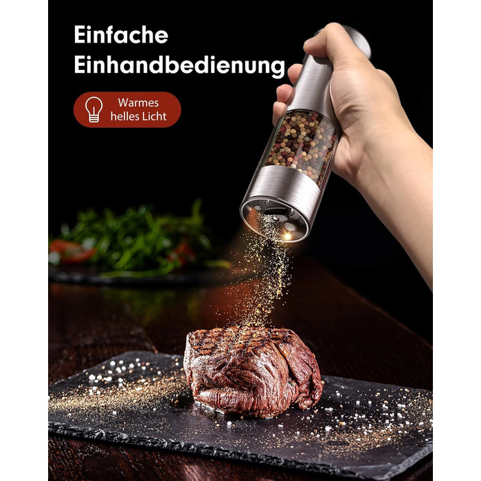 Електричні перечниці та солінки 2 в 1 з нержавіючої сталі, акумуляторні, з LED-підсвічуванням та регульованим керамічним жорном, з щіткою для чищення
