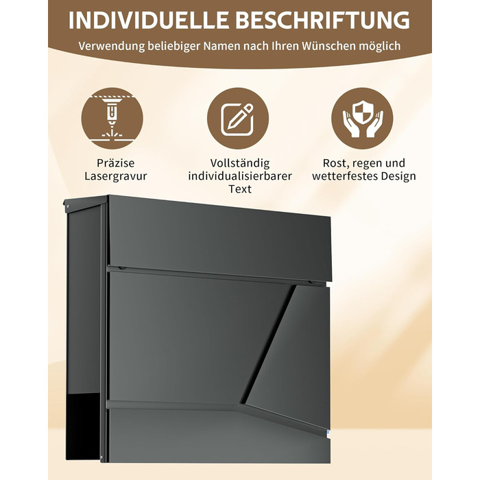 Поштовий ящик Edestahl Anthrazit з газетницею (37x37x10 см), персоналізований з табличкою для імені, вуличний, захист від реклами