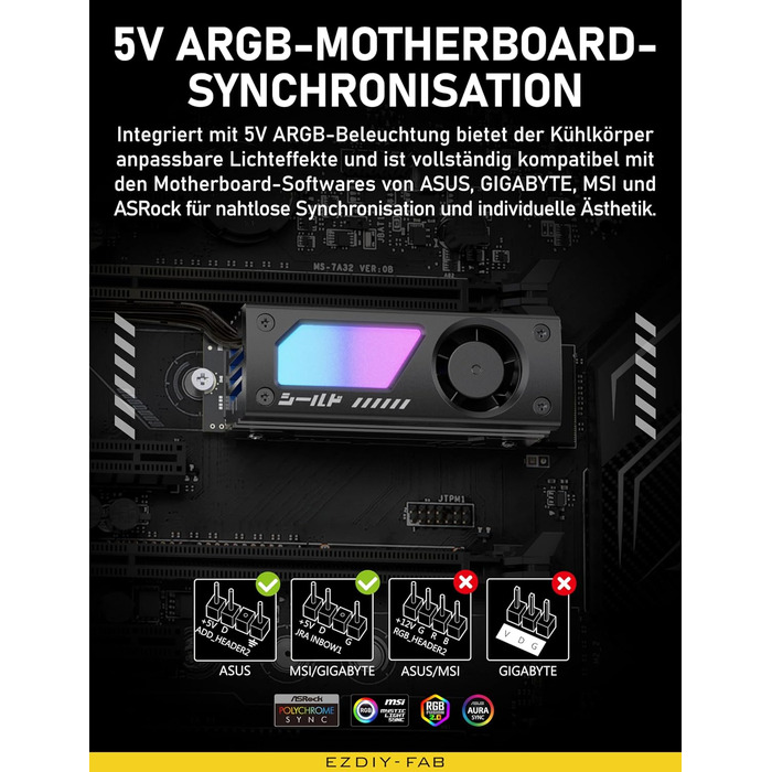 Охолоджувач SSD M.2 EZDIY-FAB Shield ARGB з вентилятором 20mm PWM, алюмінієвий корпус, підтримка ARGB 5V 3-Pin, чорний, 1 шт.