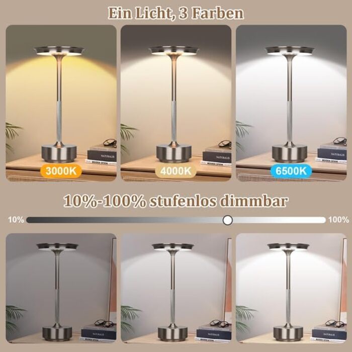 Бездротова LED лампа Rosnek: регульоване освітлення, 3 колірні температури, USB-C, срібло