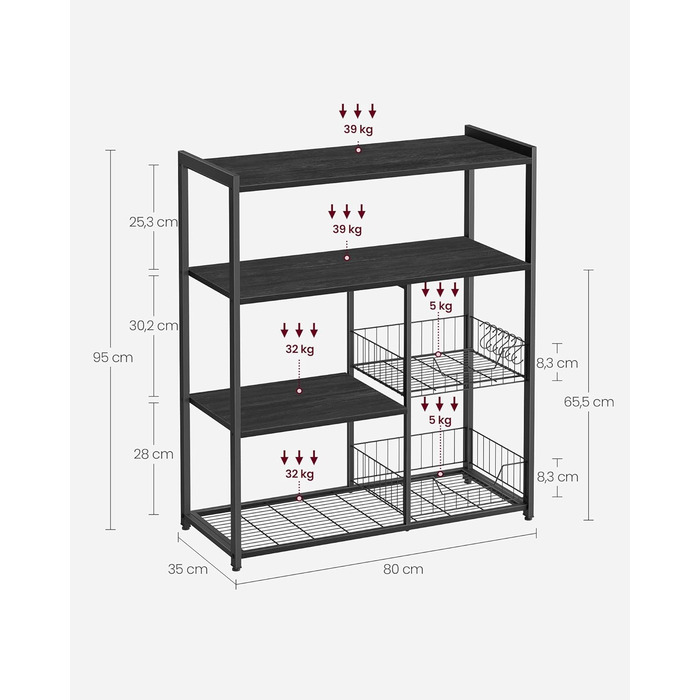 Стелаж кухонний VASAGLE з 2 металевими кошиками, з гачками та полицями, для мікрохвильової печі, 35 x 80 x 93,5 см, золотий дуб + білий (KKS096W09)