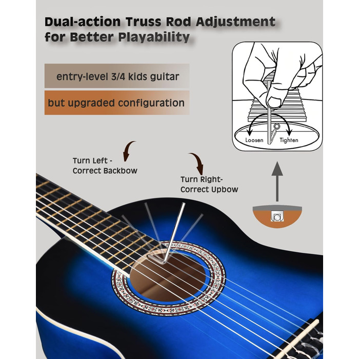 Кітара класична Winzz 4/4 для дорослих та дітей (від 11 років), чорний глянцевий, набір для початківців, 39 дюймів, блакитний (3/4)