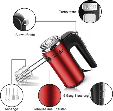 Ручний міксер Sonifer 400W з нержавіючої сталі, 5 швидкостей, Turbo-режим, тихий мотор, з набором аксесуарів (2 вінчики, 2 гаки, підставка), червоний