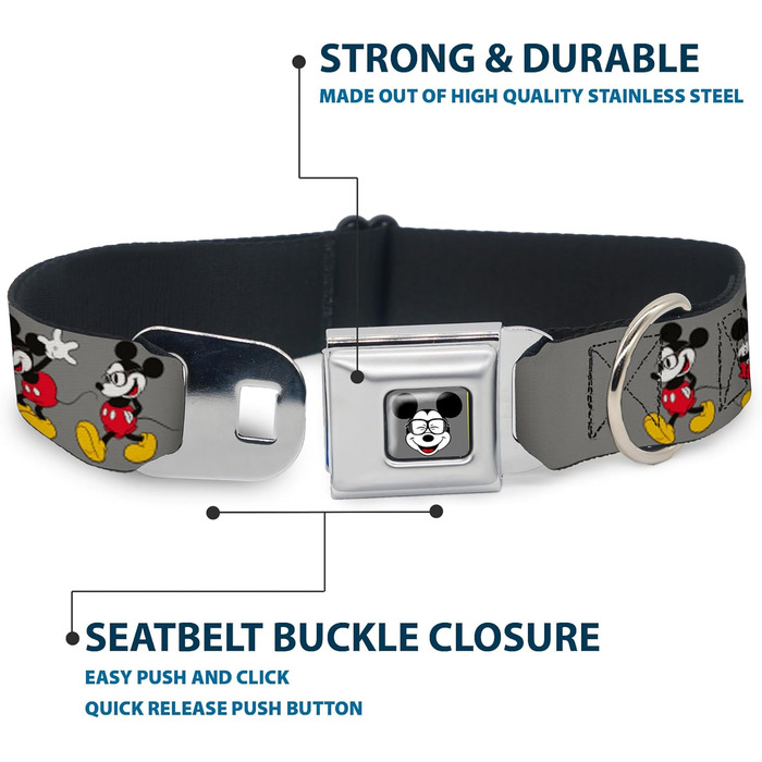 Нашийник для собак Buckle-Down Mickey Mouse з окулярами, сірий, повний колір, ширина 3.8 см, розмір 41-58 см