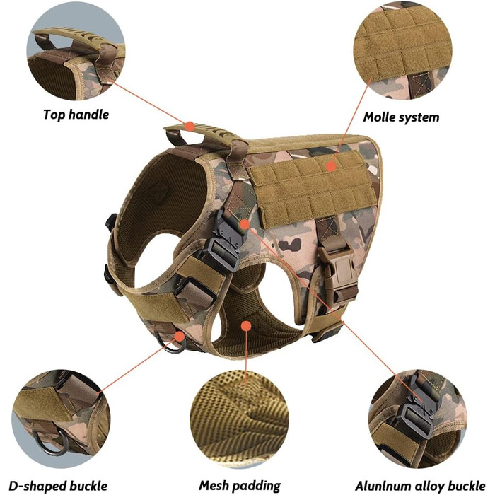 FeimaX Tactical Dog Harness with Handle Military Net Working Tactical Dog Vest Chest Harness for Large Dogs No Pull Adjustable Vest for Walks Training (Camo, S) Camo S