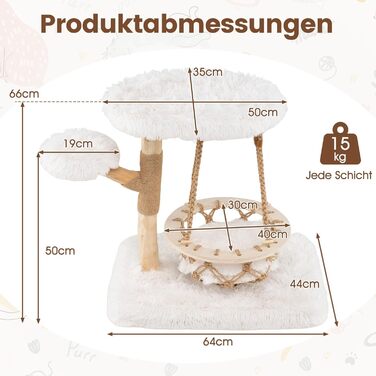 Дерев'яний кігтеточки для котів Costway з гамаком, мотузкою, натуральним деревом та jute-обтягнутими стовпчиками, 2 стійки та платформа, кігтеточки для котів, котячий комплекс, природа+білий (66 см)