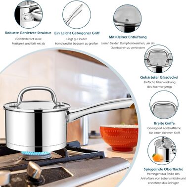 Каструля Homikit 8 см, 2.8 л, нержавіюча сталь з кришкою, для плити (індукція), 3-шарове дно, 8 см