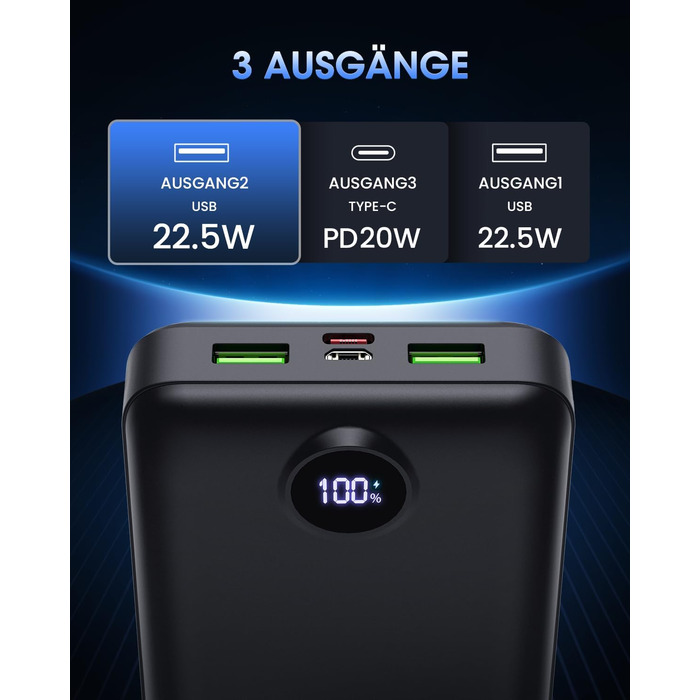 Power Bank 50000mAh з LED дисплеєм: Швидка зарядка 22.5W, USB-C, 3 виходи та 2 входи (Чорний)