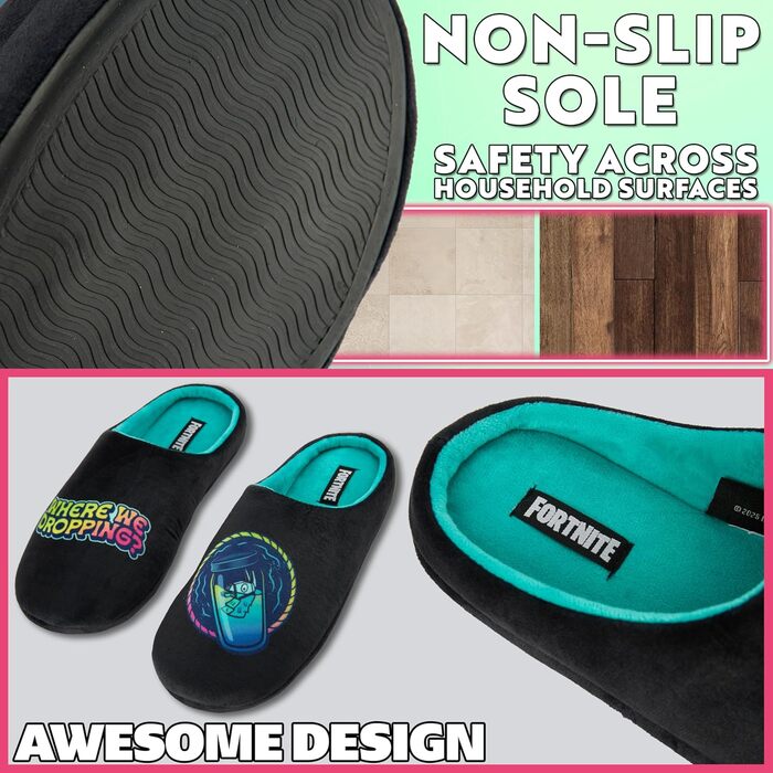 Тапочки Fortnite для дітей, розмір 32-42, чорні. Зі слизькою підошвою TPR, м'який фліс, Slip-On, подарунок для хлопчика