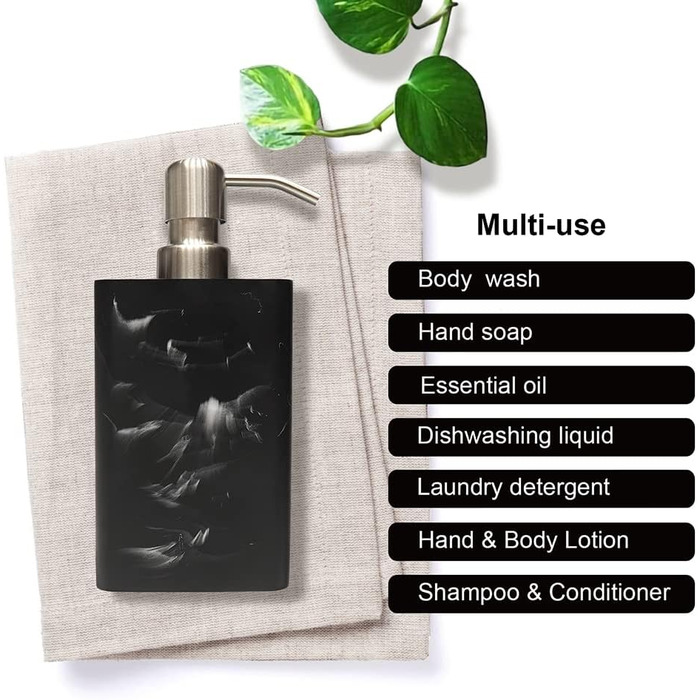 Дозатор для мила Suanti, 425 мл, з помпою з нержавіючої сталі, наповнюваний, квадратний, декоративний, для мила для рук, посудомийної рідини та лосьйону, стиль чорного мармуру