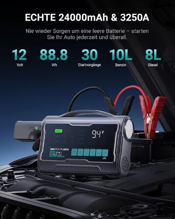 Пусковий пристрій (бустер) VANTRUE POWER JS3 для авто з компресором 160 PSI та функцією Powerbank, чорно-сріблястий