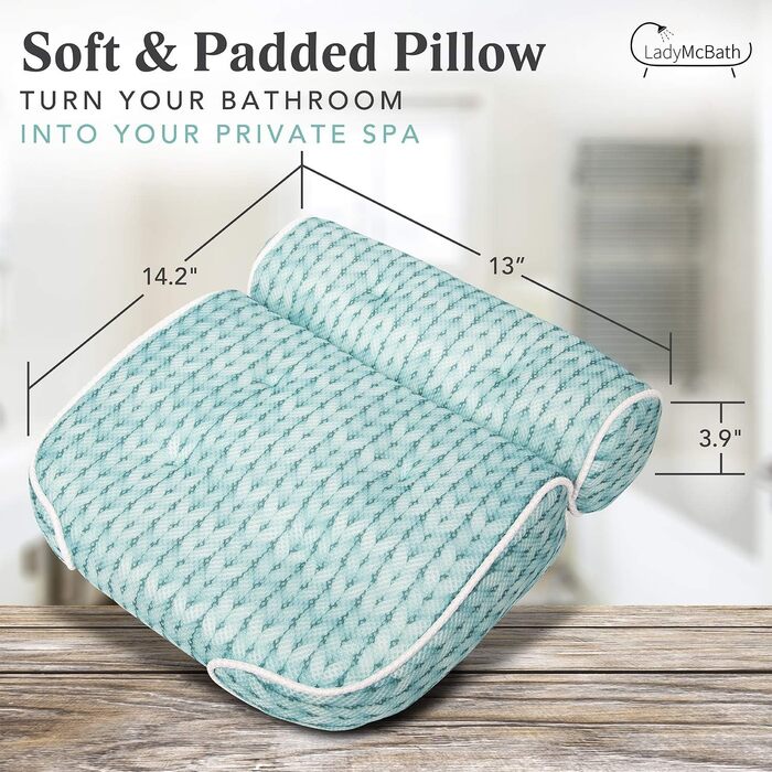 Lady McBath Bathtub Pillow – Luxury Bathtub Pillow for Tub, Neck and Back Support, Powerful Suction Cups, Machine Washable, Bathtub Accessory for Relaxation (Turquoise)