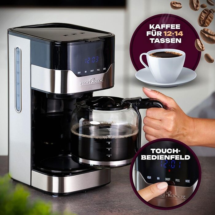 Кавоварка Profi Cook PC-KA 1169 Inox, фільтраційна, на 12-14 чашок, з сенсорним керуванням, 3 електричні режими аромату, корпус із нержавіючої сталі, фільтр, для меленої кави