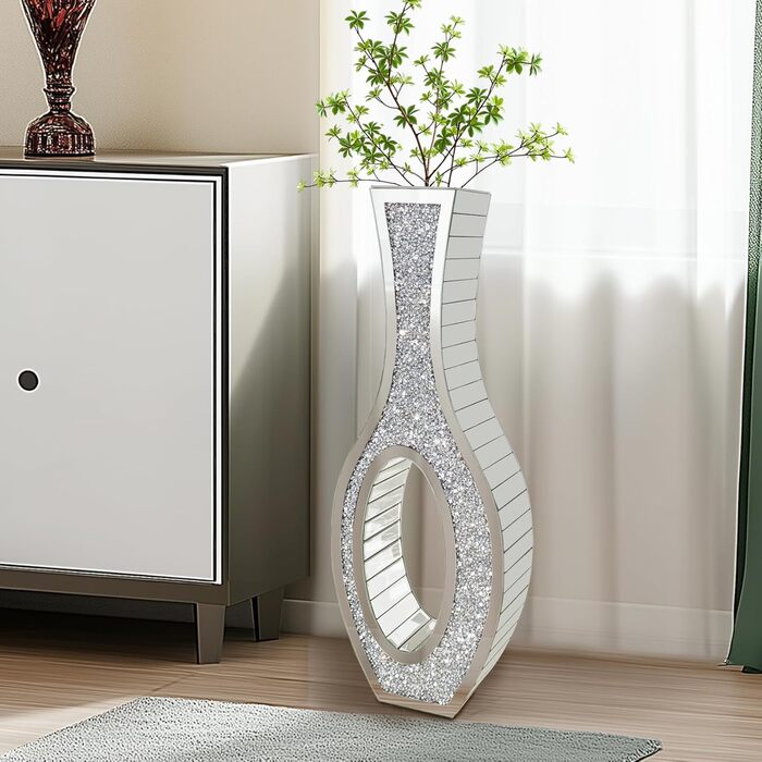 Ваза для квітів напольна 68 см, срібна ваза з кристалом для пампас трави, скляна ваза з дзеркальними діамантами, декоративна розкішна блискуча ваза для вітальні, декор інтер'єру – не для води (13L x 12.5B x 76.5H cm)