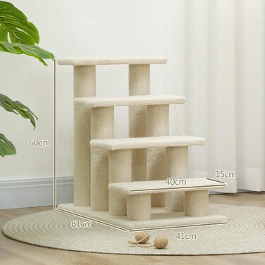 PawHut Pet Stairs Cat Stairs Dog Stairs Stairs for Cats and Dogs 4 Steps 63.5x43x60cm (Cream White)