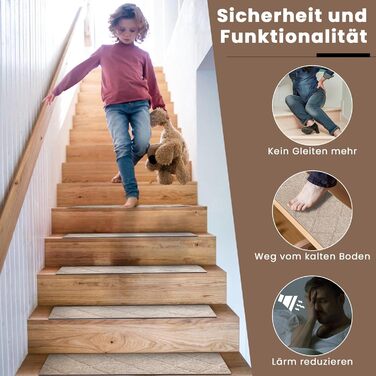 Килимок на сходи, 15 шт., самоклеючий, антиковзаючий, для дому. Розмір: 55x19 см (також 65x20 см), бежевий. Захист для дітей, домашніх тварин та літніх людей.