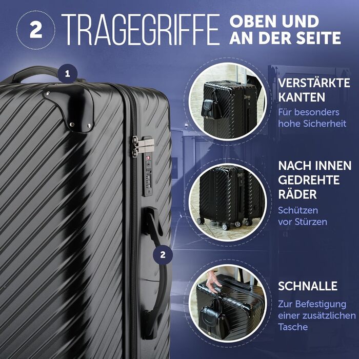 Чемодан дорожній 120L (75x50x33) з колесами - міцний тріумф, з кишенею для ноутбука та захистом кутів (XL, Чорний, 3-Set (20, 24, 28 дюймів))