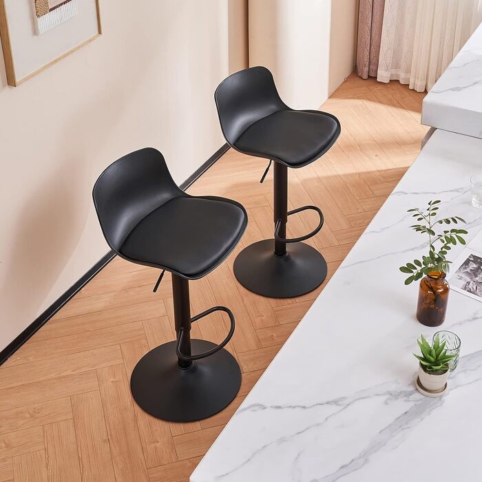 YOUNIKE Adjustable Bar Stools Set of 2 - Black Faux Leather Kitchen Bar Chairs with Backrest & Swivel - High Counter Stools for Kitchen Bar