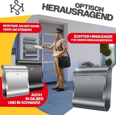 Поштовий ящик настінний KESSER XXL нержавіюча сталь, з газетницею, замок (3 ключі), антрацит