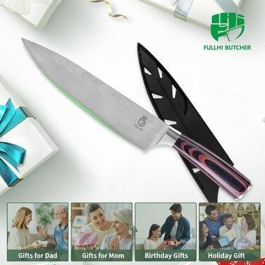 Японський кухонний ніж FULLHI 8 дюймів з піхвою, преміум-якість, нержавіюча сталь, ручка з кавового дерева