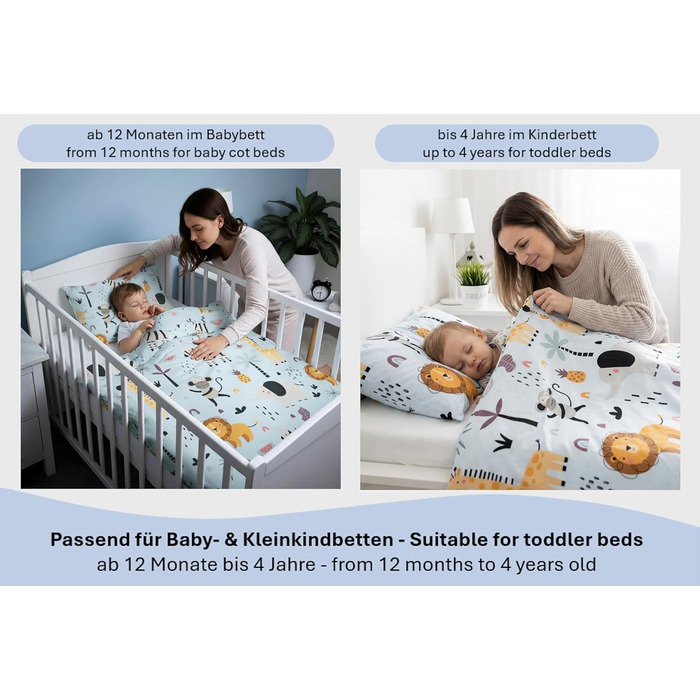 Комплект постільної білизни для дитячого ліжечка: комплект постільної білизни для малюків, комплект для ліжечка, простирадло 100x135 см та наволочка 40x60 см з бавовни, сертифікат Öko-Tex Standard, для хлопчиків та дівчаток (Тварини, Сафарі, Джунглі)