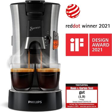 PHILIPS Senseo Select Coffee Pad Machine – Coffee Strength Choice Plus, Memo Function, Crema Plus Technology, 0.9L Water Tank, Two-Cup Function, Adjustable Outlet, Environmentally Friendly (CSA250/10) Brushed Steel