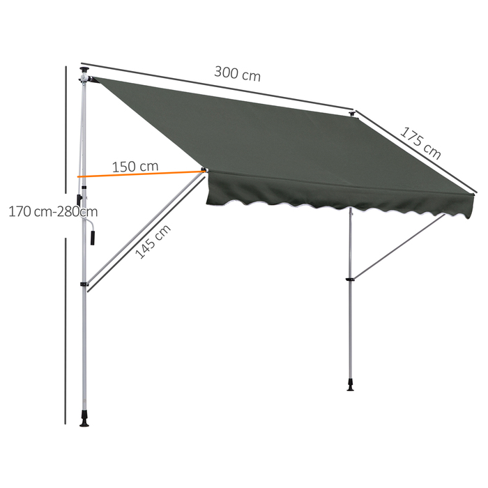 Outsunny Standmarkise Standmarkise, 300 x 150 см, маркіза з ручним приводом, автономна маркіза, стійка до вітру, алюміній, сірий