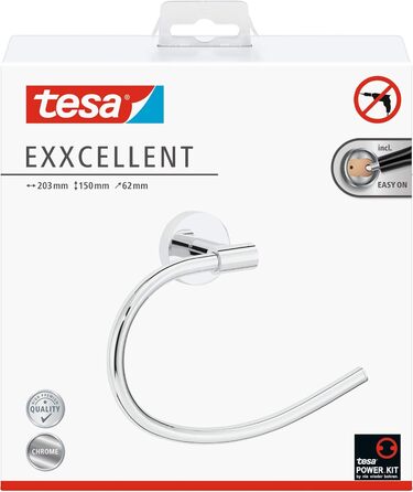 Тримач для туалетного паперу tesa EXCELLENT без кришки, хромований, настінний на клейовій основі (без свердління), 135x106x45 мм