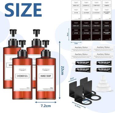 Набір дозаторів для мила настінний, 4шт. Без свердління, 500мл, коричневий. Етикетки в комплекті для душу/кухні/ванної кімнати