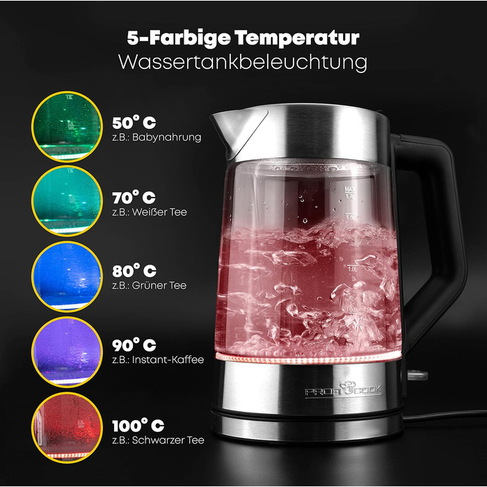 Скляний електричний чайник ProfiCook PC-WKS 1190 G | 1.7 л, 2200 Вт | З підсвічуванням, автоматичне відключення