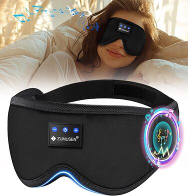 Маска для сну ZUMUSEN з навушниками Bluetooth V5.4, 3D маска для сну, повна світлонепроникність, регульована, для відпочинку, медитації, подорожей (Чорний)