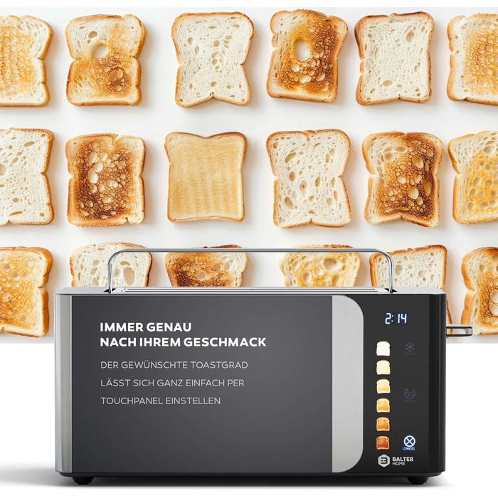 Тостер Balter 4 Scheiben з сенсорним керуванням, нержавіюча сталь, підставка для булочок, LCD дисплей, функція підігріву, центрування хліба, TS-34 (Ts-44-silber)