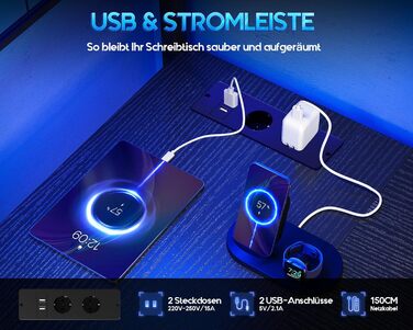 Ігровий стіл Coleshome з LED підсвічуванням, 130 x 100 см. Реверсивний стіл з шухлядами та розетками, кутовий стіл з полицею та місцем для зберігання, чорний