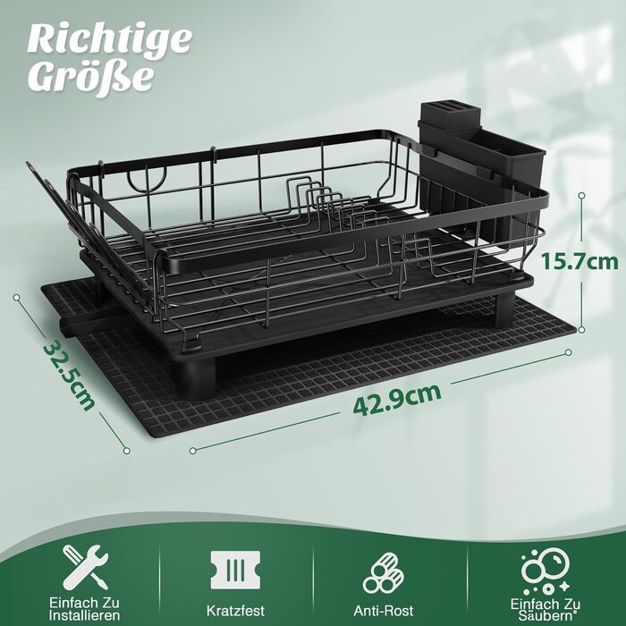 Сушарка для посуду MAJALiS з піддоном та килимком, 2-рівнева, з тримачем для столових приборів, поворотним виливом, чорна