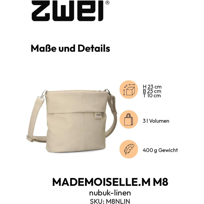 Сумка жіноча Zwei Damen Mademoiselle.M M8 крос-боді зі штучної шкіри з прихованим відділом та основним відділом на блискавці, з коротким та довгим знімним ремінцем, Nubuk-linen