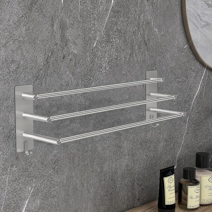 Тримач для рушників Vista з 3-ма перекладинами без свердління, нержавіюча сталь SUS304, сріблястий, з двома гачками, 60 см