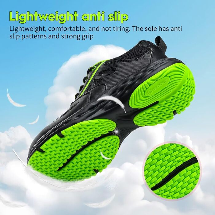 Черевики безпеки ISOOUS для чоловіків та жінок. Легкі, дихаючі, антиковзкі кросівки з пластиковим носком. Ідеально підходять для кухні, спорту. Розмір 47 EU, чорний/зелений.