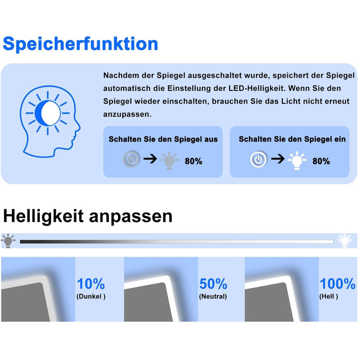 Дзеркало для ванної кімнати з підсвічуванням, 3 кольори, регулювання яскравості, пам'ять, 70x50 см, LED, годинник, антизапотівання, енергозбереження