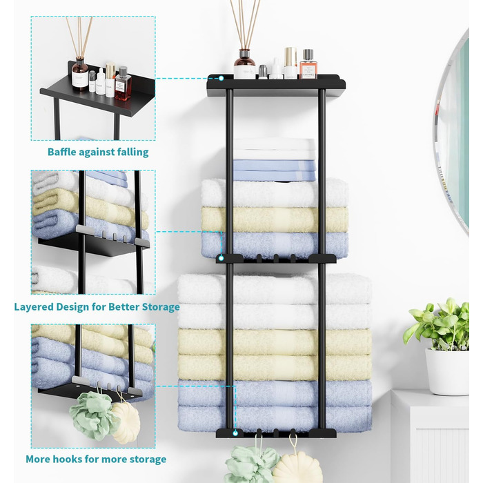Тримач для рушників без свердління, чорний, з 6 гачками та полицею для ванної кімнати та кухні
