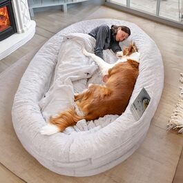 Dog Bed for Humans & Dogs | Huge Human Dog Bed for People | Warm & Comfortable Beanbag Bed | Dog Bed for People & Pets in Human Size | Blanket Included & Removable Cover | Grey (Light Grey)