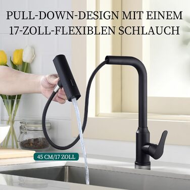 Кухонний змішувач водопровідний висувний з душем, 3 режими, 360° поворот, чорний, нержавіюча сталь